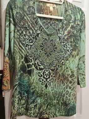 Dressbarn Green and Brown Patterned V-Neck Top With Beautiful Sequins.